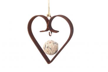 Herz Meisenknödelhalter zu Hängen aus Metall in Edelrost, Futterspender Vogel Deko Herz, Futterherz 